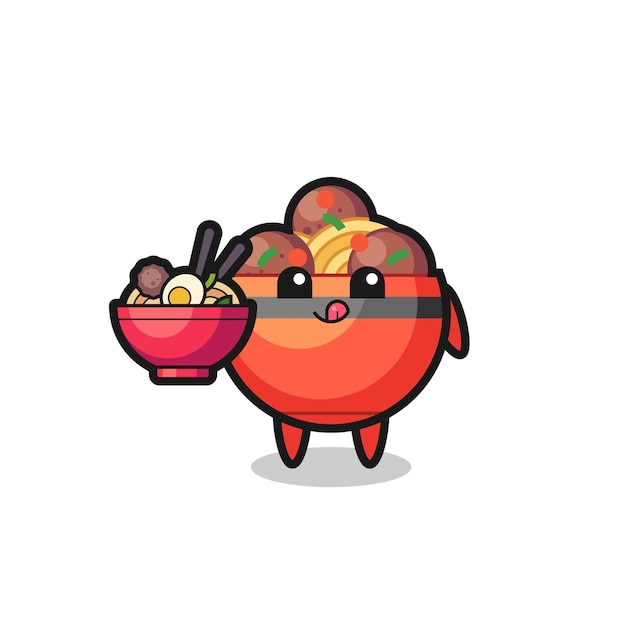 Cute meatball bowl character eating noodles