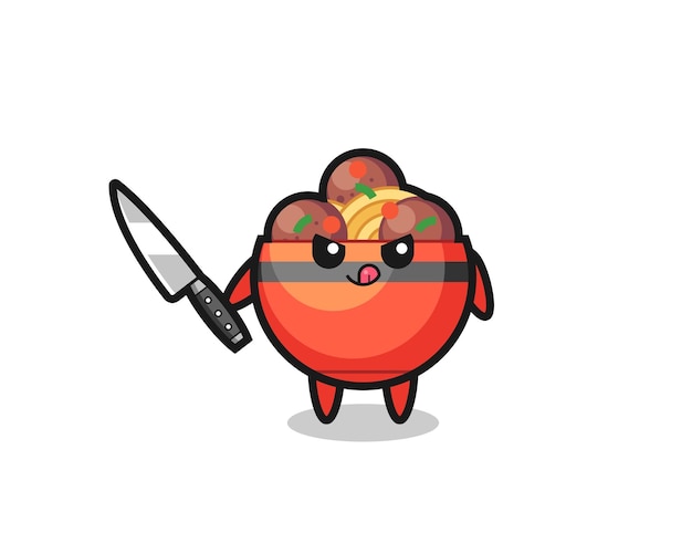 Cute meatball bowl mascot as a psychopath holding a knife