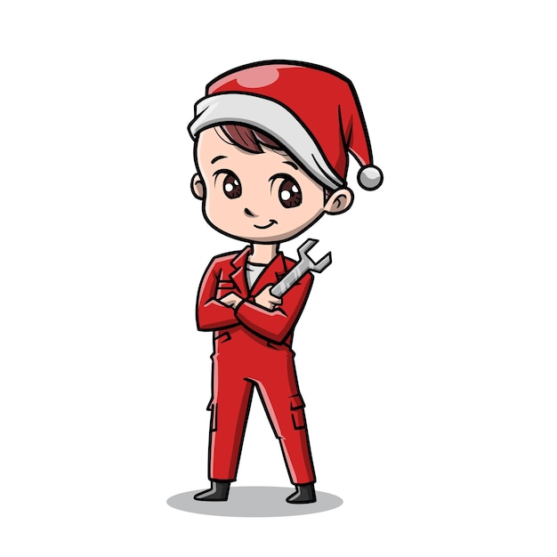 Cute Mechanic Man Celebrate Christmas Cartoon