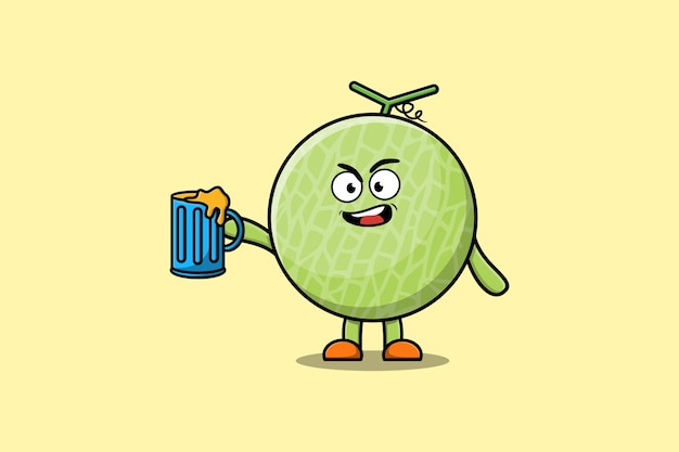 Cute Melon cartoon mascot character with beer glass and cute stylish design flat illustration