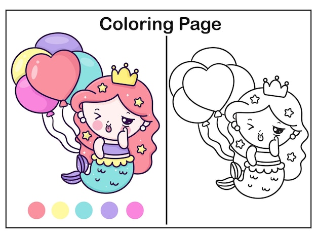 Cute mermaid coloring princess holding balloon birthday party kawaii animal