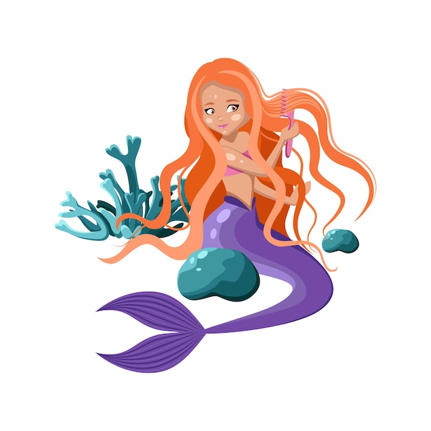 Cute mermaid combing her hair