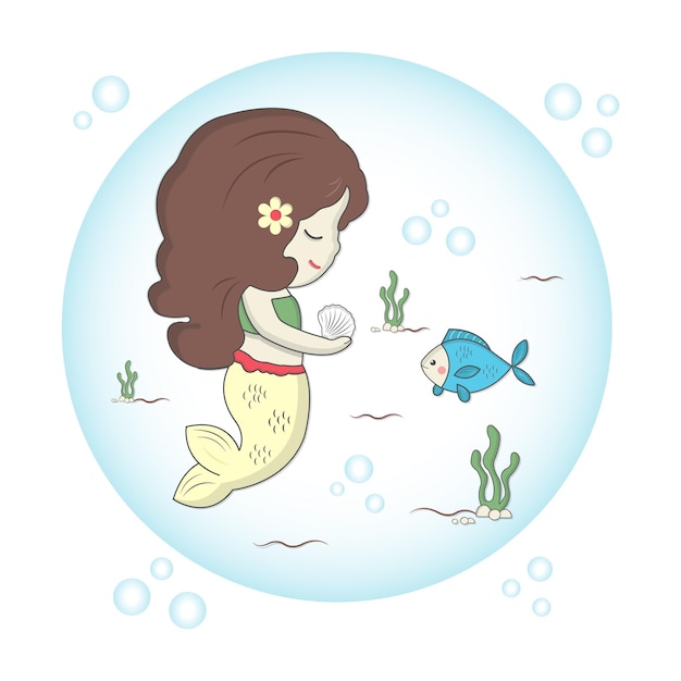 Cute mermaid and the fish in modern design