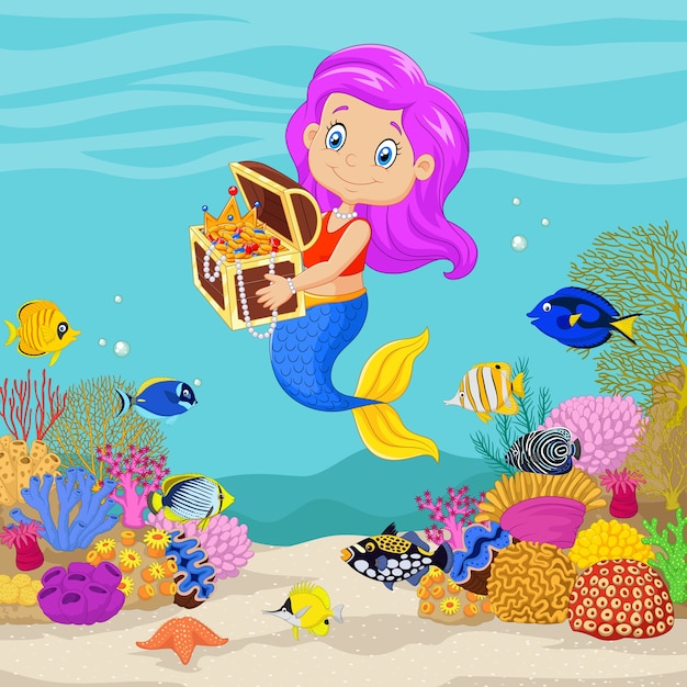 Cute mermaid holding treasure chest 