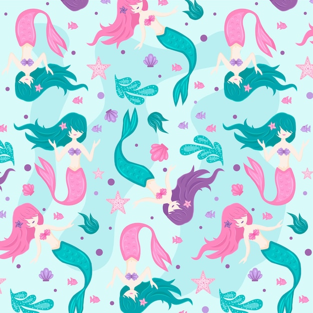 Cute mermaid pattern with seaweed