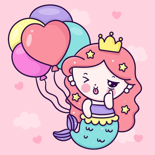 cute mermaid princess cartoon holding birthday balloon party kawaii illustration