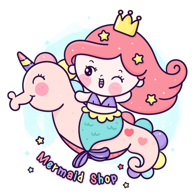 Cute mermaid princesss cartoon ride pink sea horse horn shop logo kawaii animal