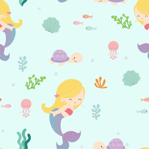 Cute mermaid seamless pattern background vector.