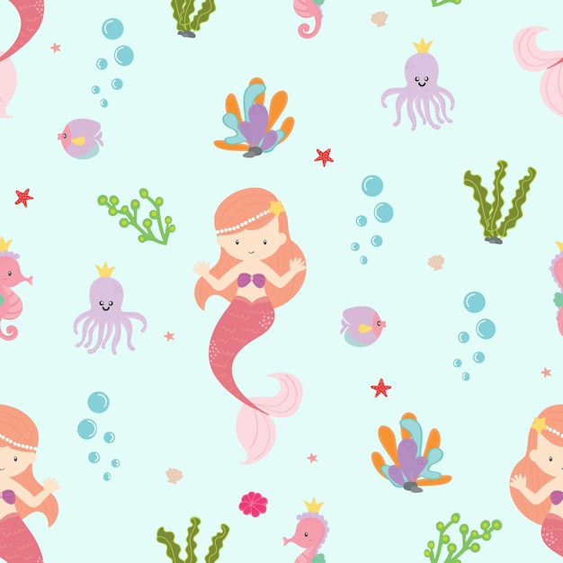 Cute mermaid seamless pattern background vector.