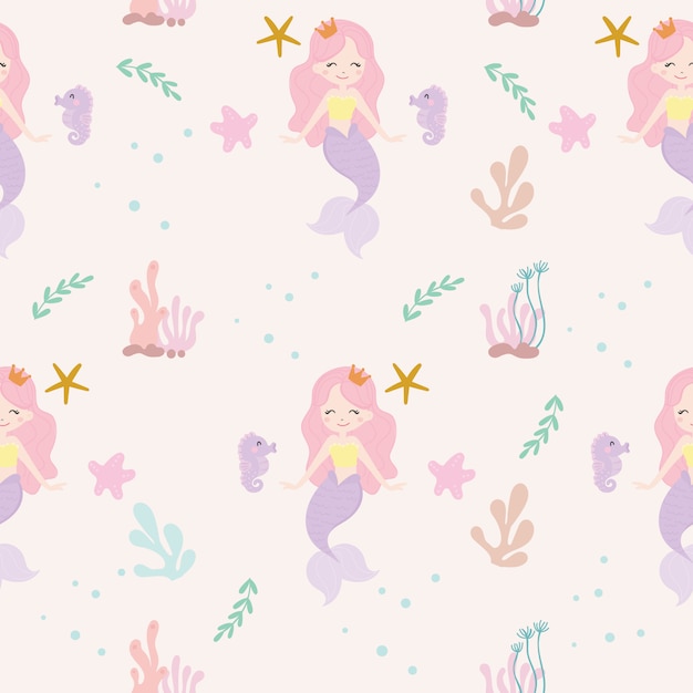 Cute mermaid seamless pattern background