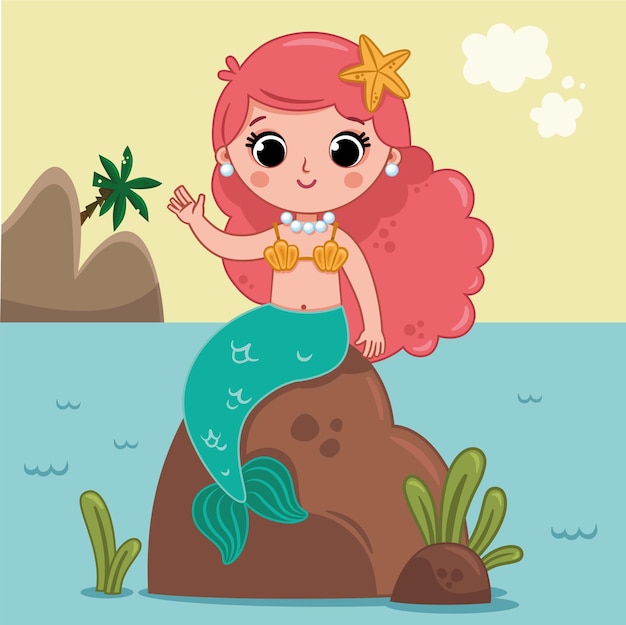 The cute mermaid sitting on a rock is waving at us Vector illustration