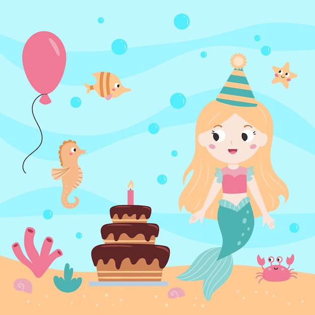 Vector cute mermaid with birthday cake