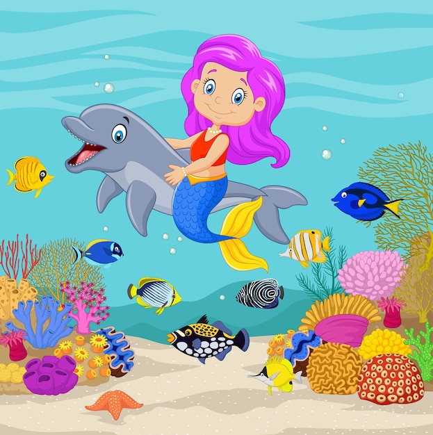 Cute mermaid with dolphin in the underwater background