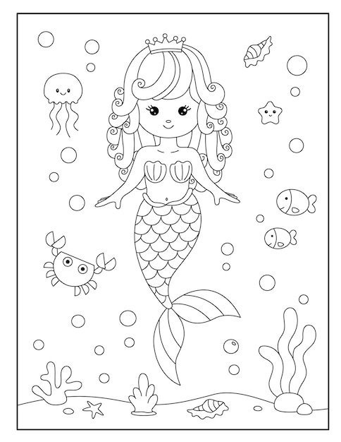 Cute mermaid with ocean background coloring page