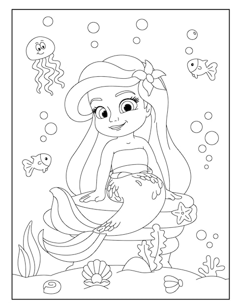 Cute mermaid with ocean background coloring page