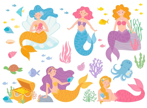 Cute mermaids Beautiful girls living underwater with fish turtle corals and octopus Mythical creatures