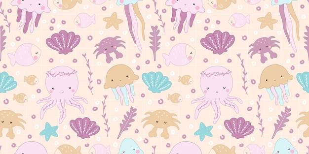 Cute Mermaids and Friends Seamless Pattern