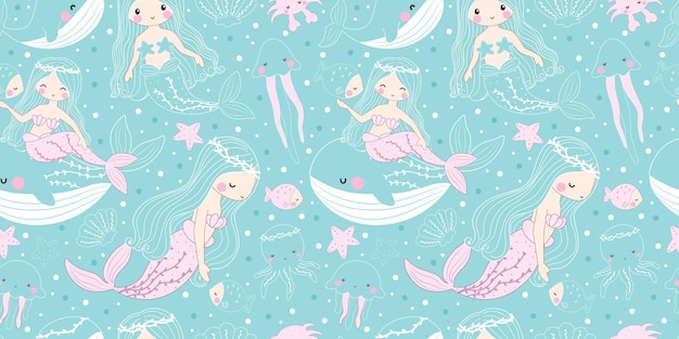 Cute Mermaids and Friends Seamless Pattern