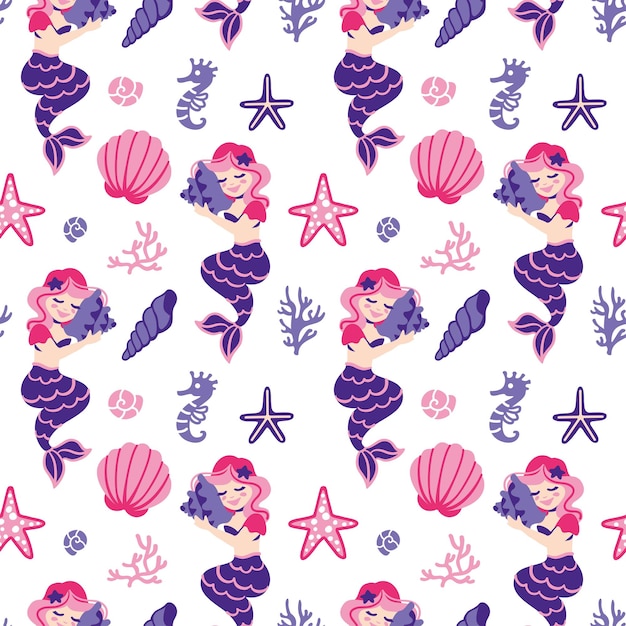 Cute mermaids on the ocean seashells print for small girls Seamless pattern for fabric