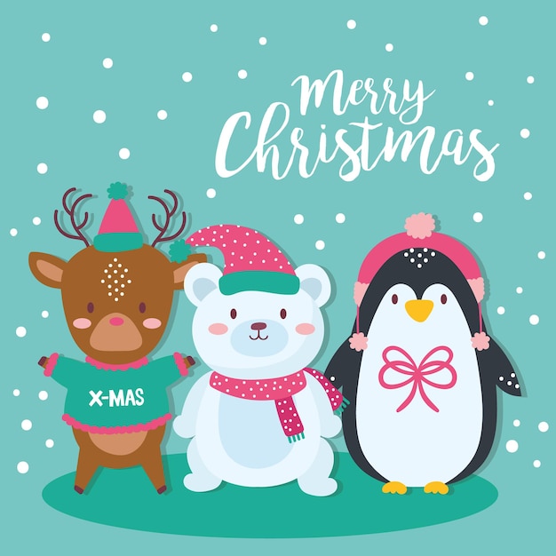 Cute merry christmas card with cute animals  illustration design