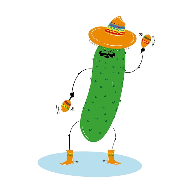 Cute mexican dancing cucumber in a sombrero with the mascot of the character maracas