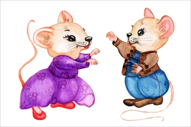 Cute mice in clothes.Watercolor illustration.Gute little mice in knitted clothes. animal character.