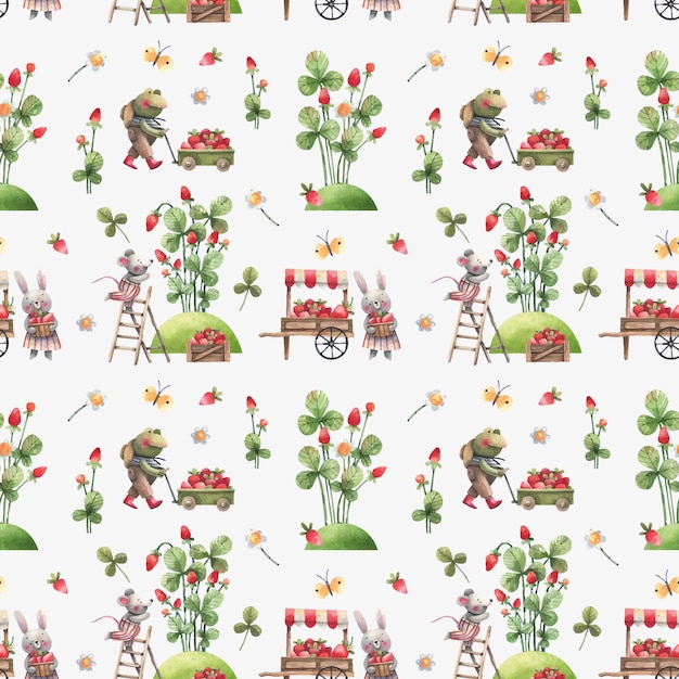 Cute mice and frogs are picking berries at the strawberry farm. Seamless pattern with kids style