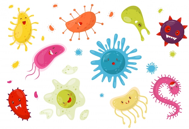 Cute microbes with funny faces, colorful humanized bacterias cartoon characters  Illustration on a white background