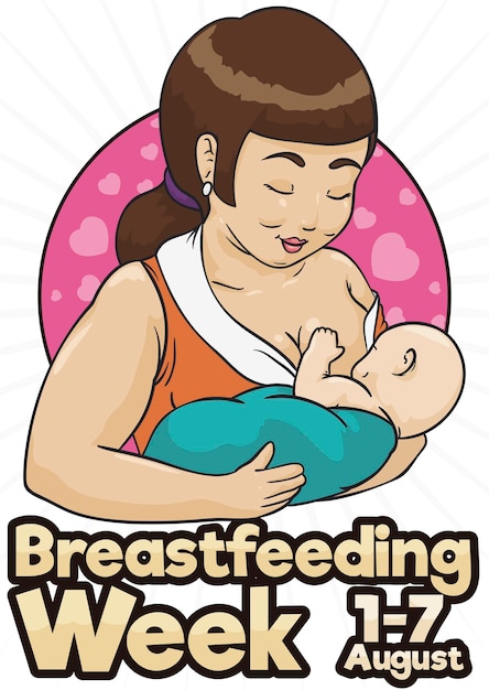 Vector cute middle aged mom with her baby celebrating breastfeeding week