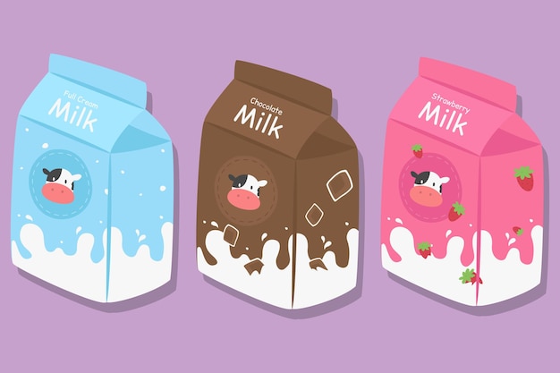 Cute milk carton packaging vector set