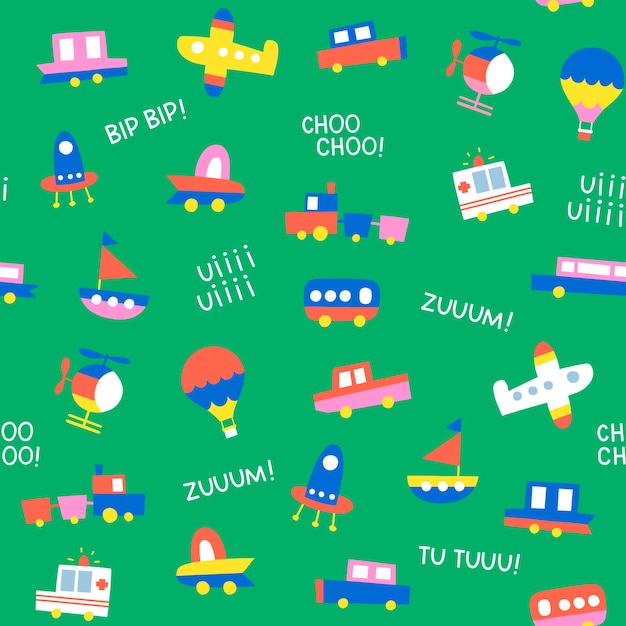 Cute Mini Transports Children Seamless Pattern Green Background