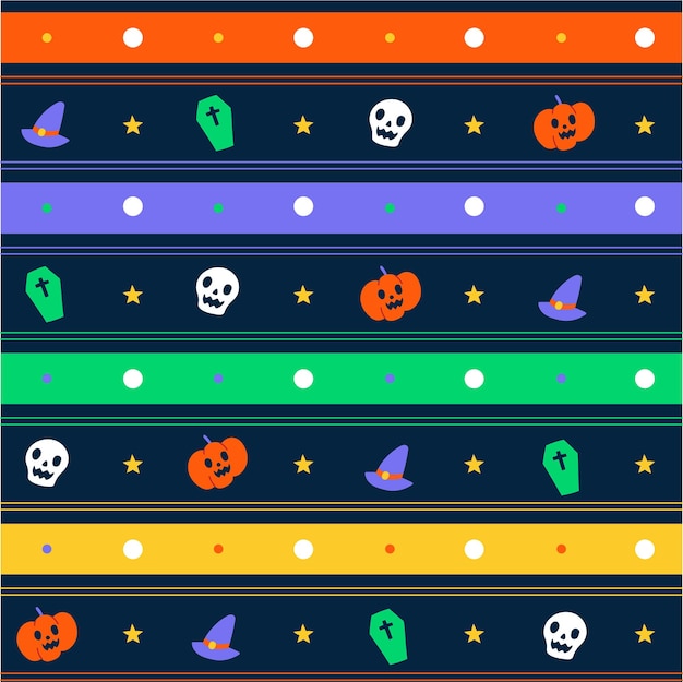 Cute Minimal Happy Halloween Horizontal Stripe Line Checkered Gingham Pattern ghost skull pumpkin coffin witch hat