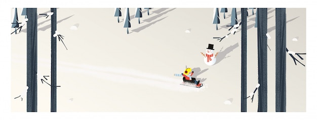 Vector cute minimalist vector of winter season.panoramic snowey winter landscape with happy kid riding on sleigh.pine tree and snowman shadow laid on white snow with yellow foliage and deciduous forest.