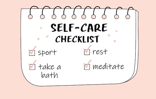 Cute modern doodle kawaii selfcare checklist on pink background Female notebook with selfcare notes