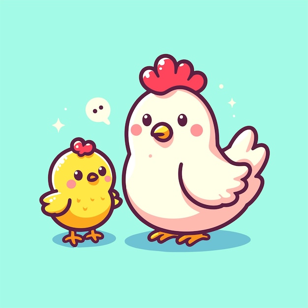 cute mom chicken and chick cartoon flat illustration