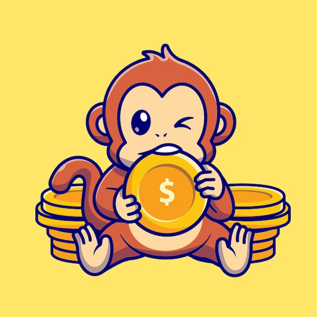 Cute Monkey Bite Gold Coin Cartoon Vector Icon Illustration. Animal Finance Icon Concept Isolated Premium Vector. Flat Cartoon Style