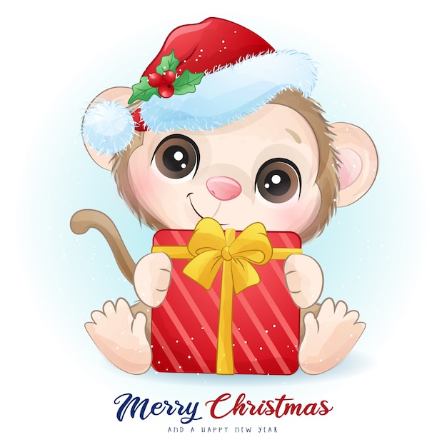 Cute  monkey for christmas day with watercolor illustration