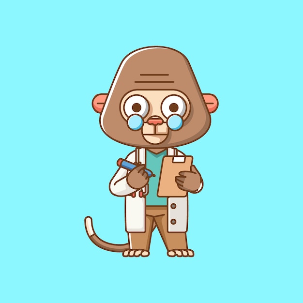 Cute monkey doctor medical personnel chibi character mascot icon flat line art style illustration