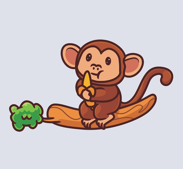 Cute monkey eating banana fruit on tree isolated cartoon animal nature illustration Flat Style