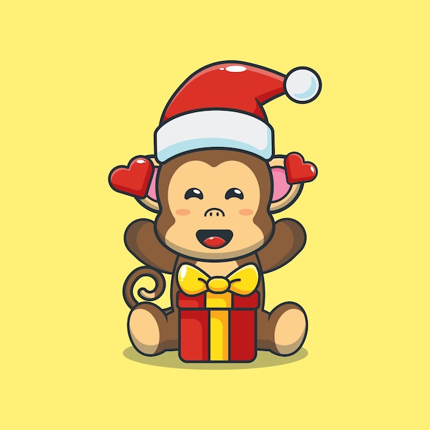 Cute monkey happy with christmas gift Cute christmas cartoon illustration