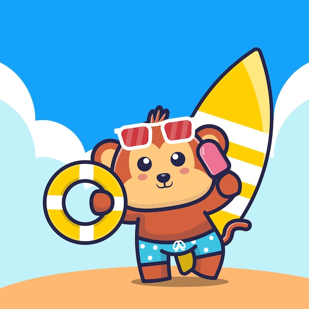 Cute monkey holding ice cream swim ring and surfboard cartoon illustration