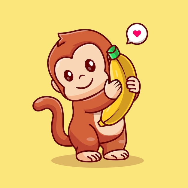 Cute Monkey Hug Banana Cartoon Vector Icon Illustration. Animal Food Icon Concept Isolated Premium