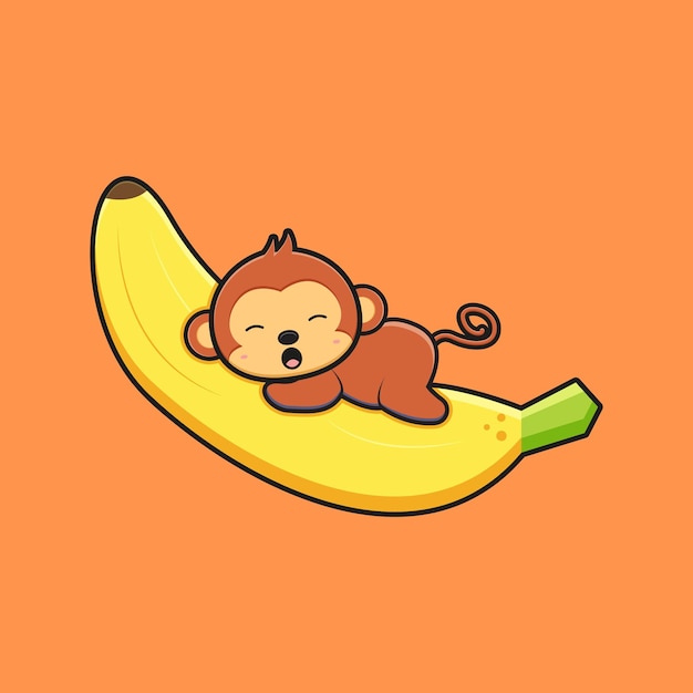 Cute monkey lay on banana cartoon icon illustration. Design isolated flat cartoon style