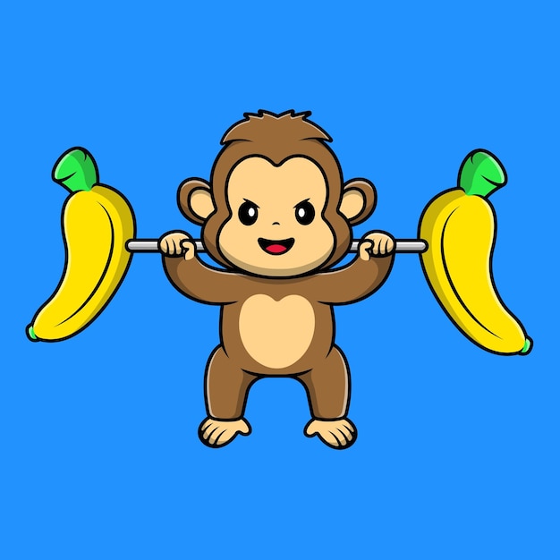 Cute Monkey Lifting Banana Barbell Cartoon Vector Icon Illustration