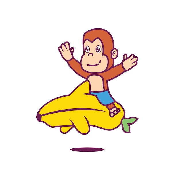 Cute monkey mascot character riding a banana vector illustration on a white background