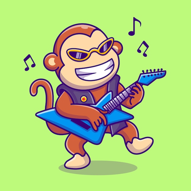 Cute Monkey Playing Guitar Cartoon Vector Icon Illustration Animal Music Icon Concept Isolated Flat