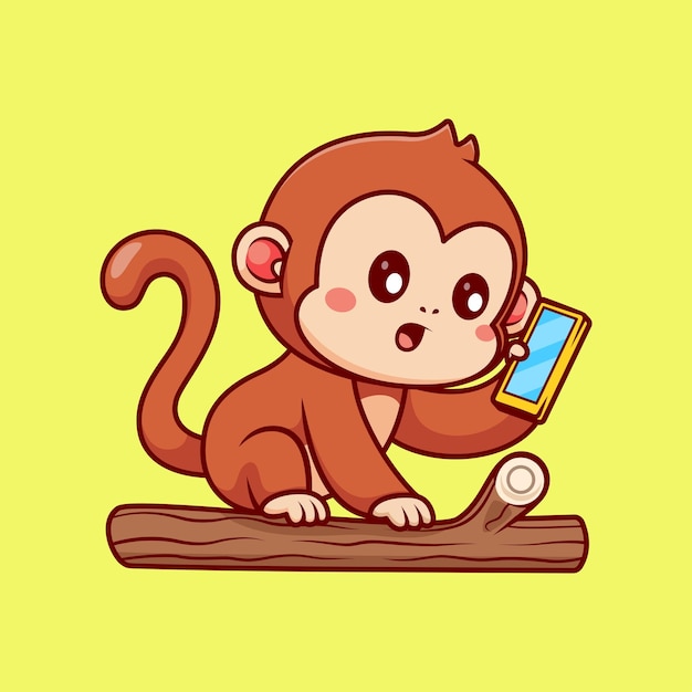 Cute Monkey Playing Phone On Tree Cartoon Vector Icon Illustration Animal Technology Isolated Flat