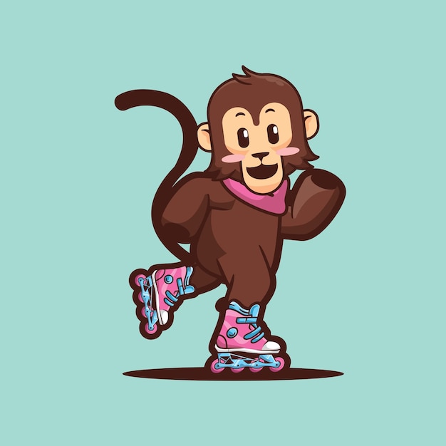 cute monkey playing roller skates cartoon vector illustration