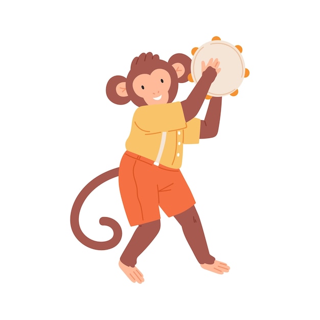 Cute monkey playing tambourine. Happy animal musician performing music. Funny kids character with musical instrument. Colored flat vector illustration isolated on white background.