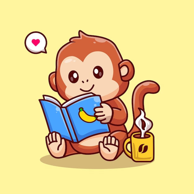 Cute Monkey Reading Book With Coffee Cartoon Vector Icon Illustration. Animal Education Isolated